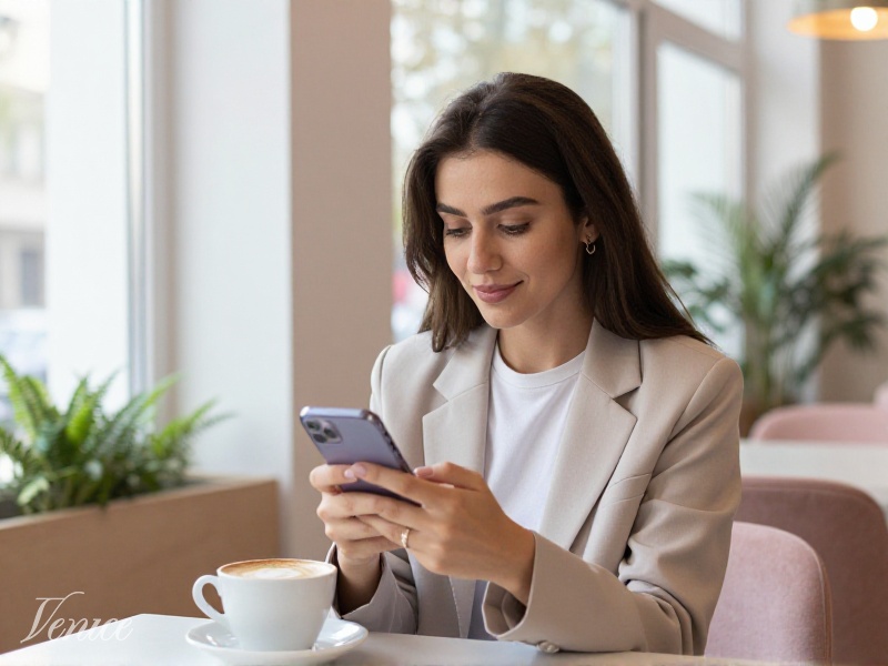Toshkentda Amir Temur xiyoboni yaqinidagi zamonaviy kafe ichida telefon ushlab turgan ishonchli yosh o'zbek ayoli, kunduzi, hurmatli va did bilan suratga olingan kadr