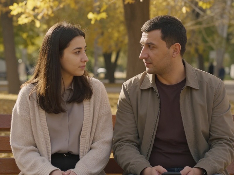 A young couple in their twenties sit across a small table in a bright Tashkent tea house in the afternoon, one of them holding a phone face down while the other speaks calmly.