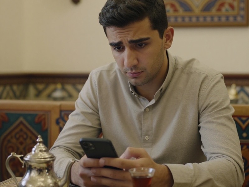 Toshkent choyxonasida oʻtirgan yosh oʻzbek yigit qoʻlida smartfon ushlab turibdi, yonida kumush choynak va bir piyola choy, u ekranga shubha bilan qaraydi.