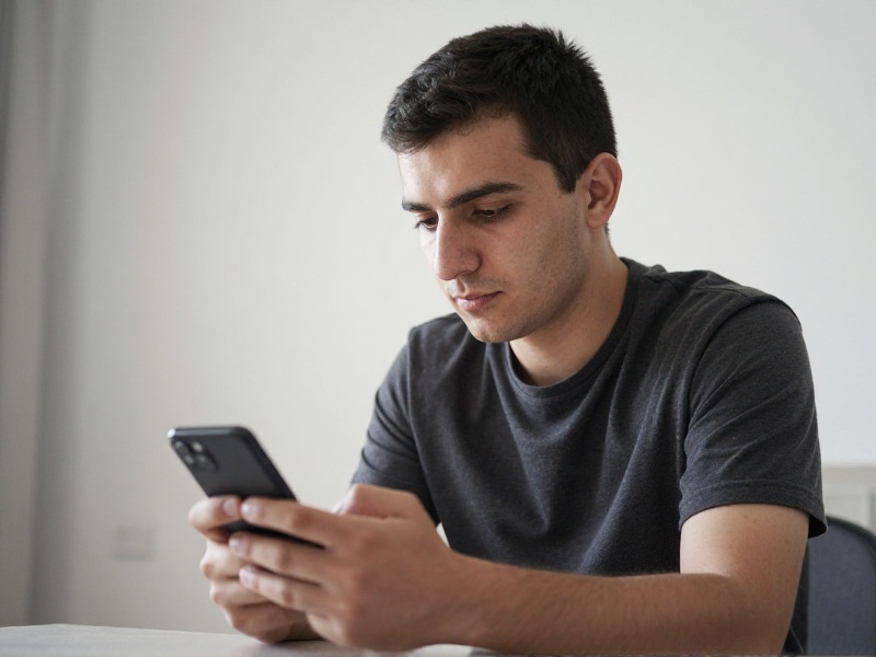 Yosh oʻzbek yigit Toshkentdagi yorugʻ xonada telefoniga oʻylanib qarab, xushmuomalalik bilan xabar yozayotgan holatda, iliq kunduzgi yorugʻlik, hurmatli va xotirjam kayfiyat