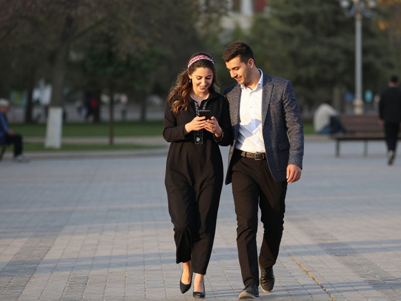 O'zbek yigit va qiz Toshkentdagi yorug' qahvaxonada bir-birini tabassum bilan tinglab suhbatlashmoqda, stolda ikki piyola choy, iliq kunduzgi muhit