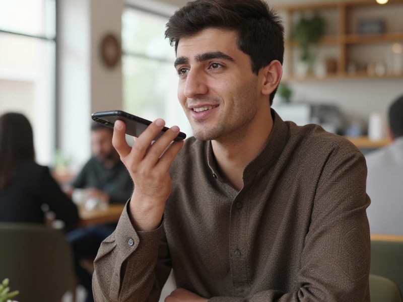 Yosh o'zbek yigit park skameykasida telefonini quloq oldiga tutib ovozli xabar tinglab tabassum qilmoqda, quyoshli kunduzgi yorug'lik, zamonaviy muhit