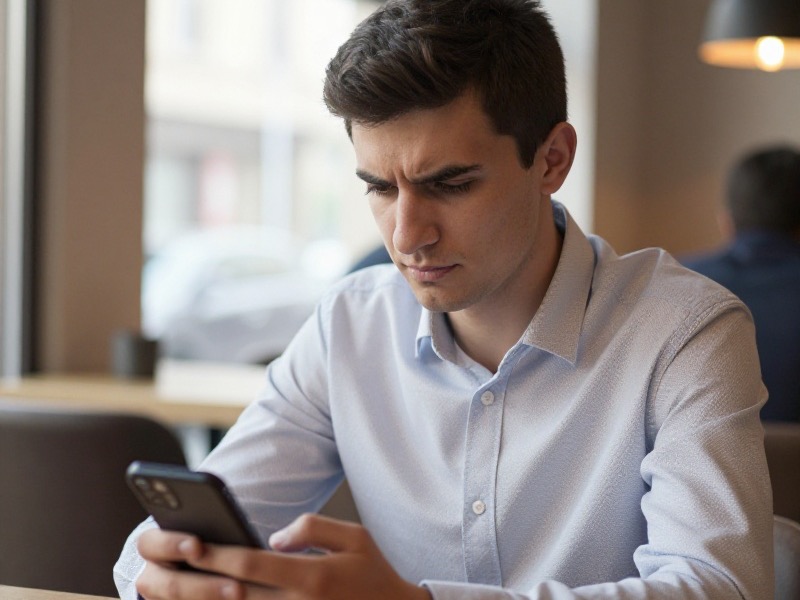 Toshkentlik yigit uyda stol yonida oʻtirib, telefondagi notanish profil suratini diqqat bilan tekshirmoqda, yonida ochiq noutbukda rasm qidiruvi sahifasi, derazadan yumshoq kunduzgi yorugʻlik tushmoqda