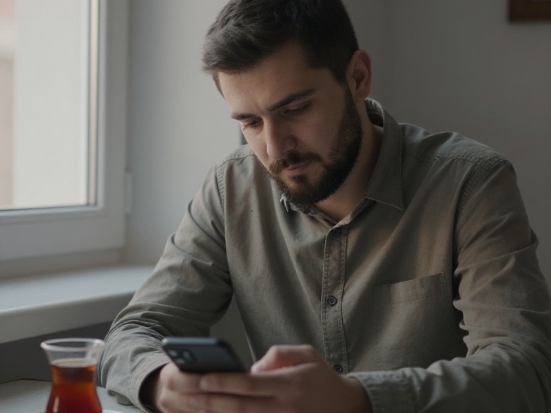 Toshkentdagi yorugʻ kafeda uzun yengli koʻylak kiygan yosh oʻzbek yigit stol ustidagi telefonga charchagan nigoh bilan qarab oʻtiribdi, yonida esa ochilmagan choy piyolasi turibdi.