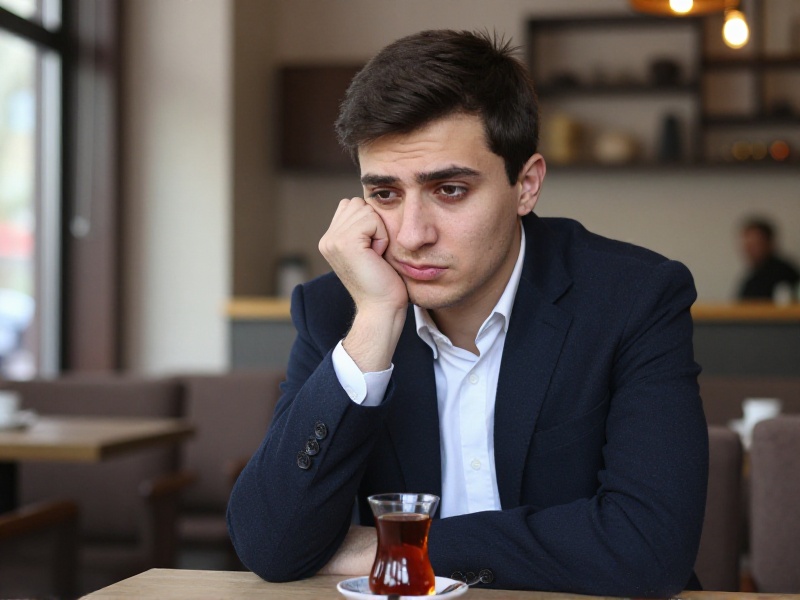 Yosh o'zbek qiz Toshkentdagi yorug' kafeda derazadan tashqariga o'ychan qarab, choy ustida o'tirgan holatda, iliq kunduzgi yorug'lik, o'zini yig'ib olish lahzasi